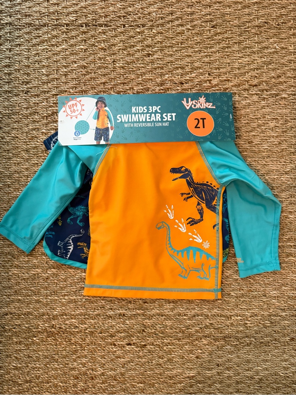 Kids Orange & Teal Dinosaur Rashguard Swim Set - 2T